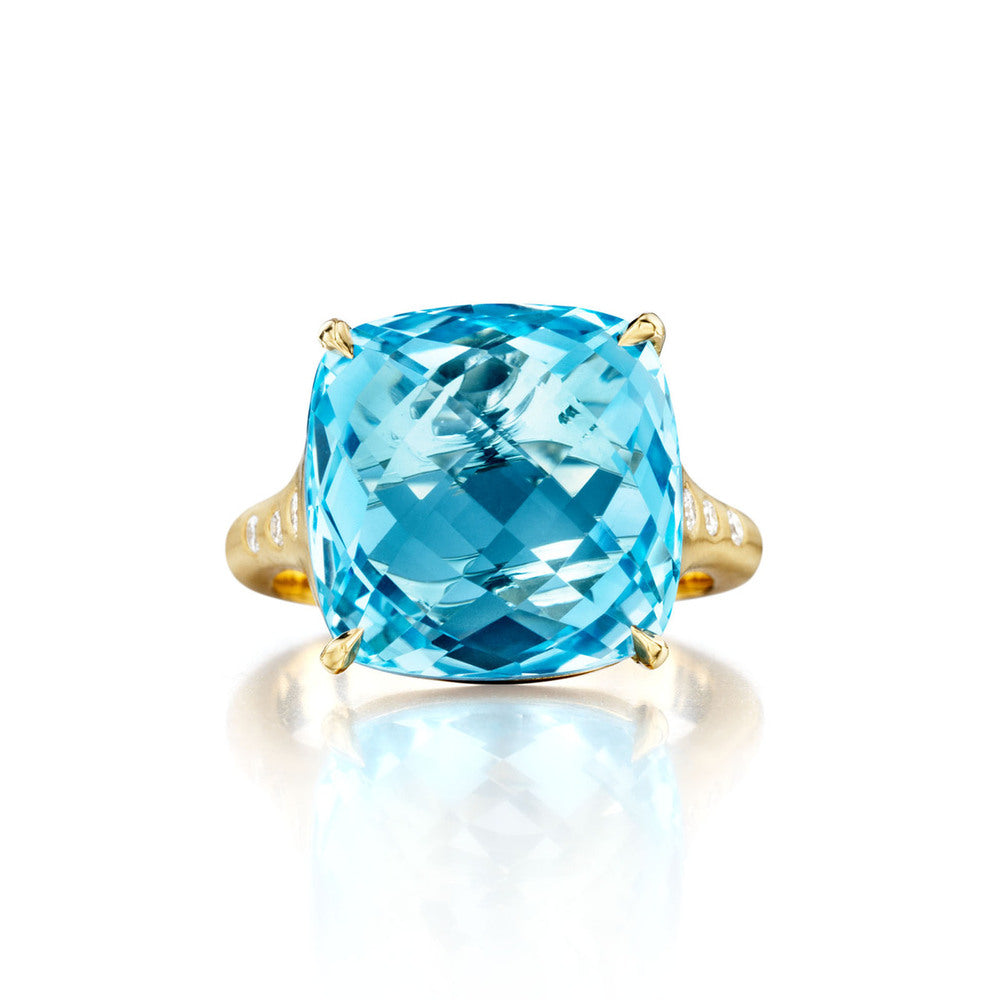 Blue Topaz Cushion And Diamond Signature Ring