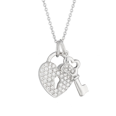 Hearts & Keys Pave Diamond Pendant in White Gold