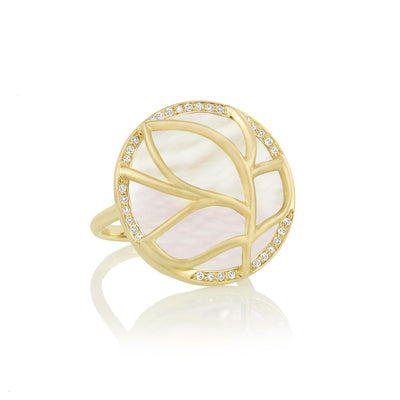 Mother of Pearl and Diamond Circle Leaf Ring