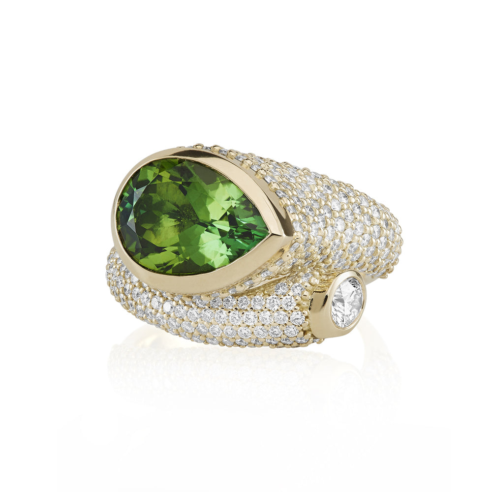 Large Whirl Green Tourmaline and Diamond Ring