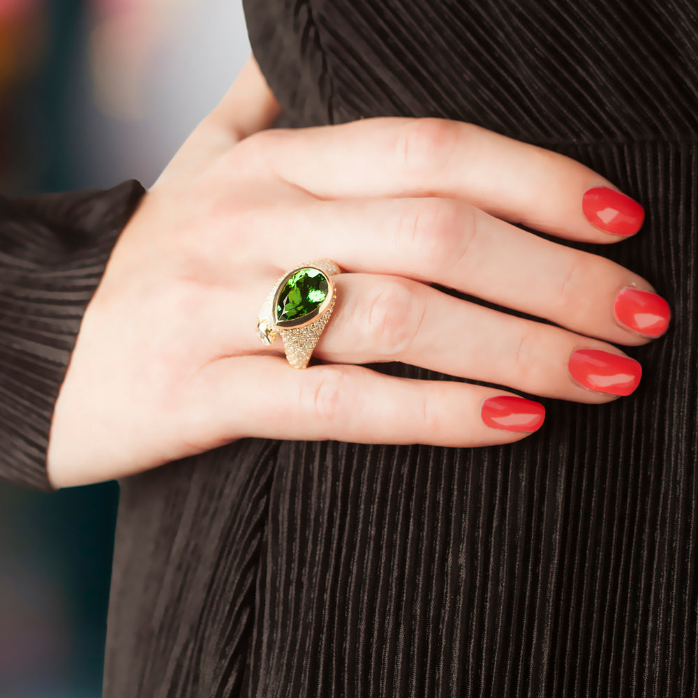 Large Whirl Green Tourmaline and Diamond Ring